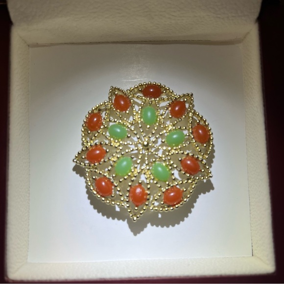 Sarah Coventry Orange & Green Cabochon Brooch - Picture 4 of 12